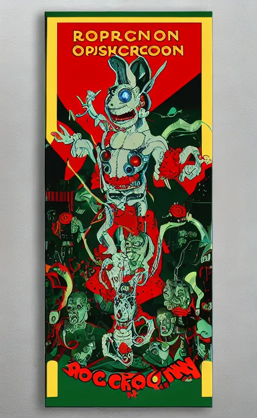 Image similar to 8 k cursed with necronomicon horrorcore cel animation poster depicting easter bunny, intricate faces, metropolis, 1 9 5 0 s movie poster, post - processing, vector art
