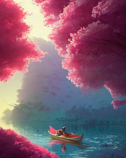 Prompt: a couple in a rowboat traveling down the river | cherry - blossoms | highly detailed | very intricate | serene romantic fantasy whimsical magical | soft bright natural morning light | pixar | award - winning | matte painting by anton fadeev and paul lehr and rhads and alena aenami | pastel color palette | featured on artstation