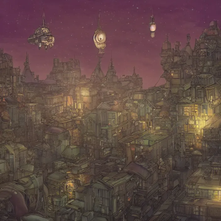 Prompt: a floating city in a night sky, with a steampunk aesthetic and dirigibles floating in the air. inspired by the works of Hayao Miyazaki, Laura Sighed, and Studio Ghibli. Aetherpunk, cityscape, detailed, high contrast, bright colors, inspired by Studio Ghibli, art by Laura Sighed, digital painting, 4k