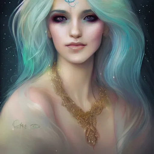 Prompt: Portrait by Charlie Bowater, blue hair, mascara, glitter makeup, gold filigree, smiling, soft colors, pastels