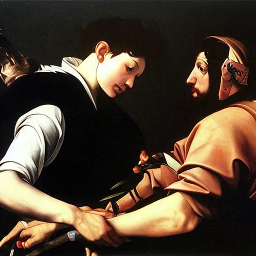 Image similar to Painting by Caravaggio. Video game tournament