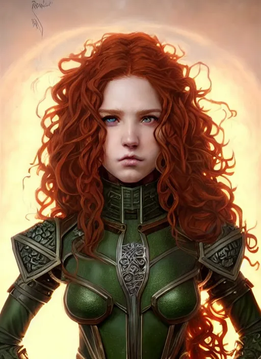 Image similar to ranger, light armor!!! long curly red hair!! covered chest!!! green eyes, fantasy, d & d, intricate ornate details, digital painting, pretty face!!, symmetry, concept art, sharp focus, illustration, art by artgerm! greg rutkowski magali villeneuve wlop! ilya kuvshinov!!, octane render