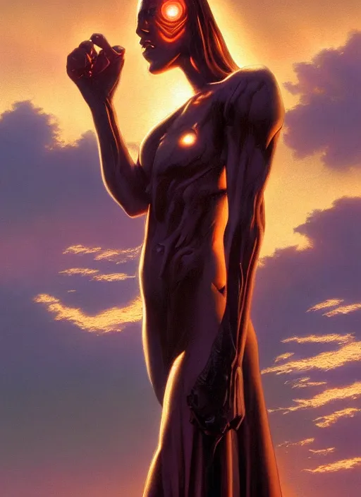 Prompt: biblical beautiful female android, glowing veins, in clouds, sunset, portrait, by gerald brom, by peter elson, muted colors, extreme detail, reflections, trending on artstation, 8 k