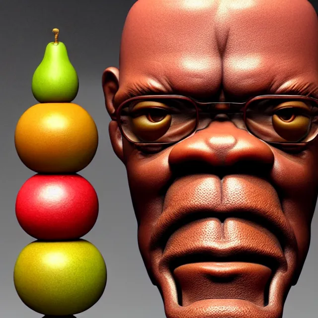 Image similar to bizarre figurine of samuel l jackson made out of fruit by naoto hattori 8 k, beautiful intricate painting, hyper realistic, octane render