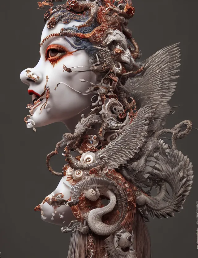 Image similar to 3 d goddess of hell close - up profile portrait with ram skull. beautiful intricately detailed japanese crow kitsune mask and clasical japanese kimono. betta fish, jellyfish phoenix, bio luminescent, plasma, ice, water, wind, creature, artwork by tooth wu and wlop and beeple and greg rutkowski