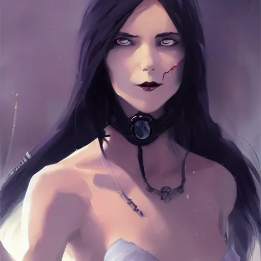 Image similar to female human vampire witch in the style of greg rutkowski, makoto shinkai, trending on artstation, character design, concept art, pretty face, highly detailed, long black hair, portrait, digital art