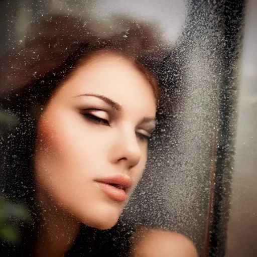 Prompt: The face of a beautiful woman as steam on a window, high definition photography, professional