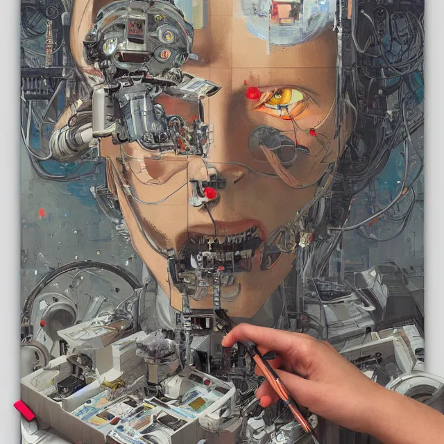 Image similar to robot artist painting a self - portrait on a canvas. intricate, highly detailed, digital matte painting, in the style of alexandros pyromallis, and in the style of sachin teng, and in the style of hans thoma, and in the style of ken kelly. irony, recursion, inspiration.