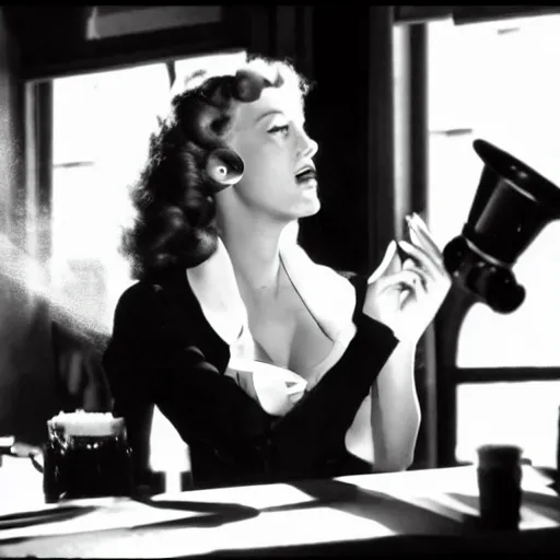 Prompt: Classic film noir scene, Blake lively as a singer in a 1940's jazz bar, medium shot, chiaroscuro, black and white, spotlight on the singer, cigarette smoke rising from tables, high contrast