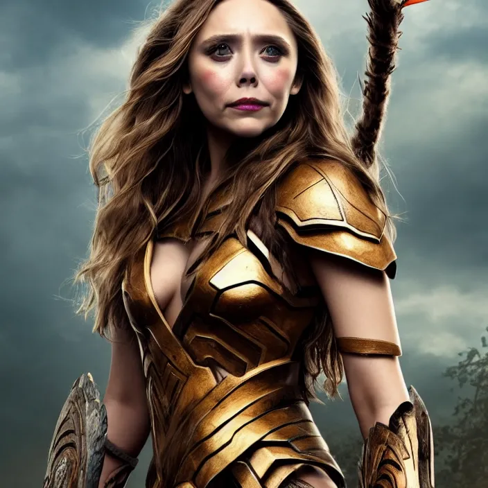 Image similar to professional full length photograph of elizabeth olsen as an amazon warrior. Extremely detailed. 8k