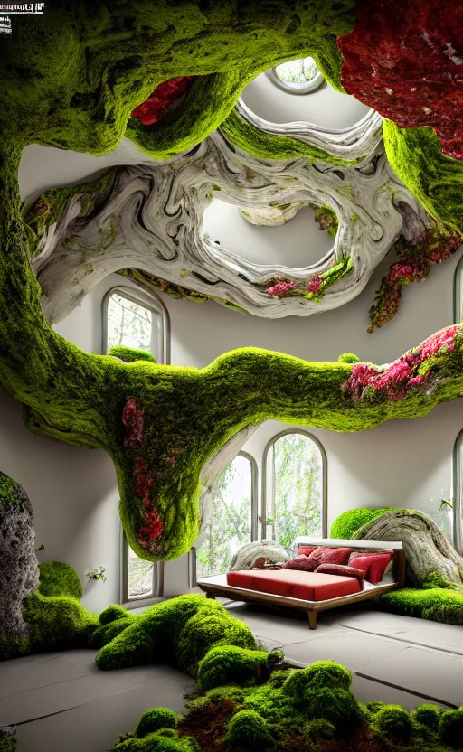 Image similar to highly detailed villa natural beautiful light interior soft cinematic composition of a smooth ceramic porcelain biomorphic magnolia stone nebula fluid sci - fi surreal colorful architecture landscape, furniture, granite, trees, marble, moss, lichen, fungi, vincent callebaut composition, mamou - mani, archviz, 8 k, unreal engine, hdr