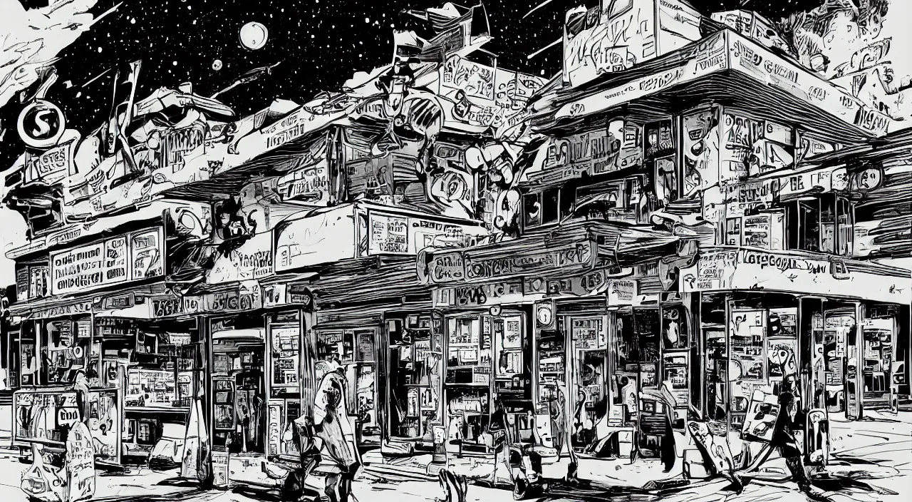 Image similar to convenience store roadside south west night stars sky moon beautiful artstation 4 k breathtaking graphic novel concept art illustration cartoon by jack kirby