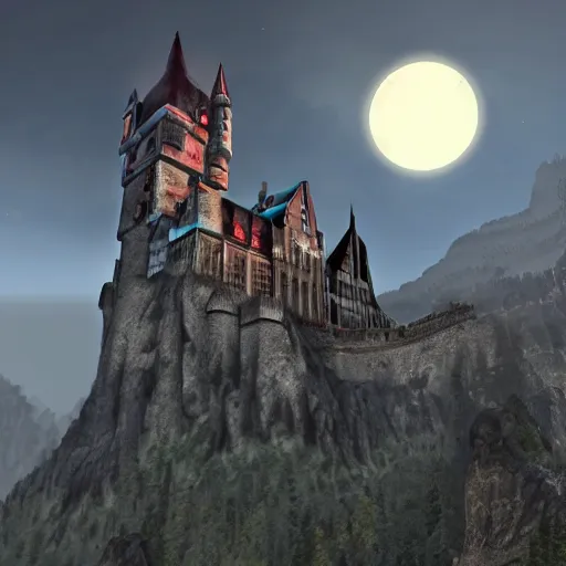 Image similar to wolfenstein castle, giant castle in mountains, scary, creepy, at night