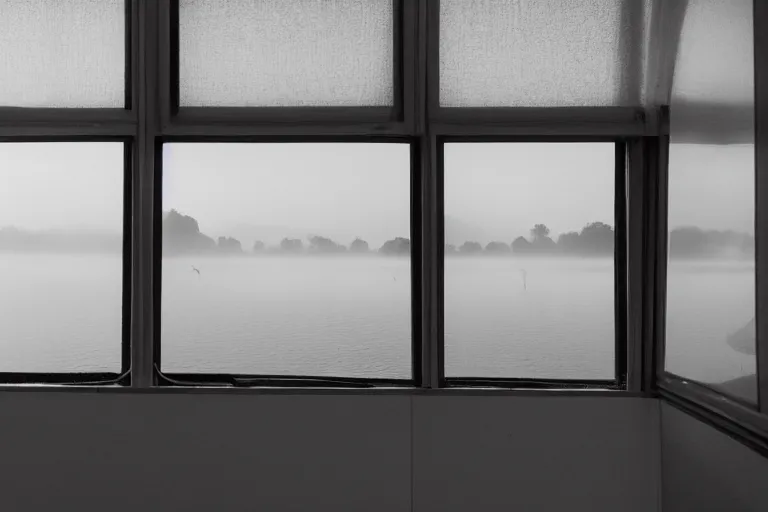 Image similar to looking out from the window of a train that is sailing on the water, the windows are fluttering with transparent gauze curtains, the sun shines in, fog and swans over the river, cinematic, 8k, masterpiece, light effect, ue5, photoshop