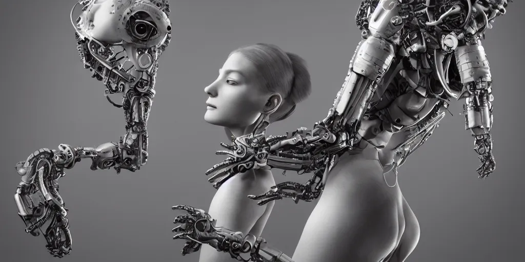 Image similar to hyperrealistic photography of a stunningly beautiful cyborg female, mechanical elbow, plated arm, intimate, holding hands, in the style of beth cavener, jin kagetsu,, and wlop, highly detailed, intricate, face symmetry, masterpiece, award - winning, sharp focus, concept art, high key, ambient lighting, 8 k, octane render, artstation
