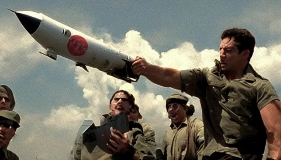 Image similar to Big budget movie scene, the hero clings to a flying nuclear missile as he tries to disarm it