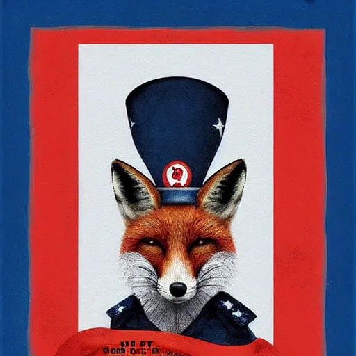 Image similar to fox animal dressed as a soldier in the style of a patriotic propaganda poster