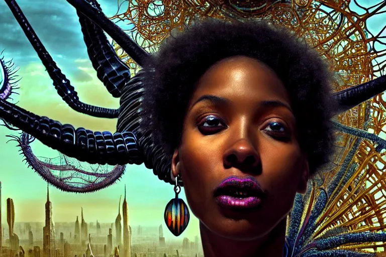 Image similar to realistic detailed closeup portrait movie shot of a beautiful black woman riding a giant spider, dystopian city landscape background by denis villeneuve, amano, yves tanguy, alphonse mucha, max ernst, ernst haeckel, kehinde wiley, caravaggio, roger dean, cyber necklace, rich moody colours, sci fi patterns, wide angle