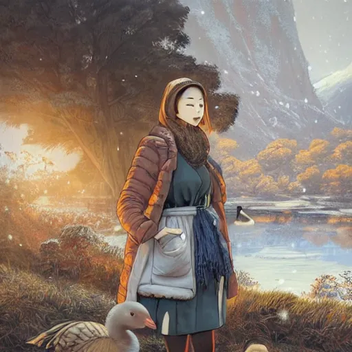 Prompt: the portrait a beautiful grocery young asia woman in down jacket, with a goose ， the background is dust earth road ， river winter an snow, illustration by kim jung gi, irakli nadar, bright colors, octopath traveler, wenjun lin, unreal engine 5 highly rendered, global illumination, radiant light, detailed and intricate environment