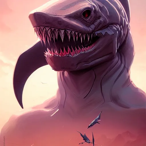 Image similar to professional ominous concept art portrait of a shark - human chimera character by artgerm and greg rutkowski. an intricate, elegant, highly detailed digital painting, concept art, smooth, sharp focus, illustration, in the style of simon stalenhag, wayne barlowe, and igor kieryluk.