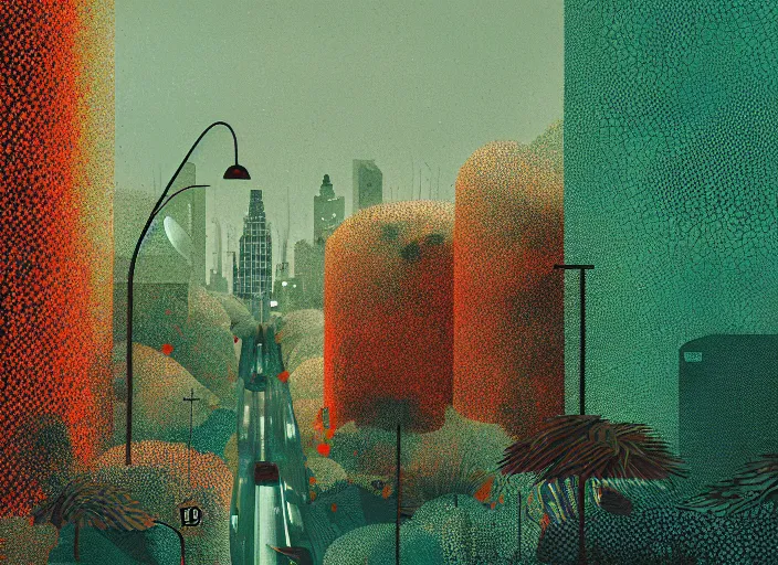 Image similar to city covered in overgrowth, colorful, Mads Berg, Karolis Strautniekas, stippled light, editorial illustration, detailed,fine texture, textured, matte print