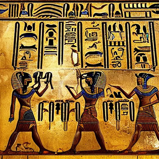 Image similar to ancient egyptian hieroglyphics with depiction of humans worshipping cats. high definition, gold plated, high contrast.