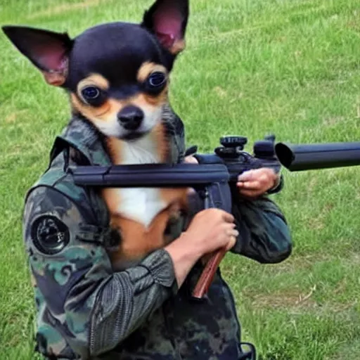 Prompt: chihuahua holding a sniper rifle