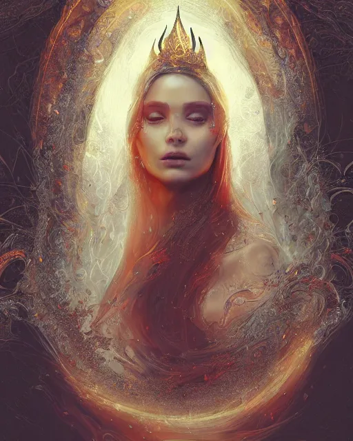 Image similar to a highly detailed portrait of beautiful female pyromancer radiating a majestic fiery aura, ornate royal robes, head and shoulders portrait, intricate, digital painting, old english, raining, sepia, particles floating, whimsical background by marc simonetti, artwork by ramond swanland and liam wong