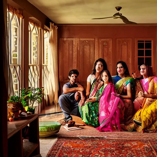 Prompt: a cinematic photograph of an Indian family inside their suburban house, by Gregory Crewdson, shot on phase one large format digital camera, natural lighting, 8K,