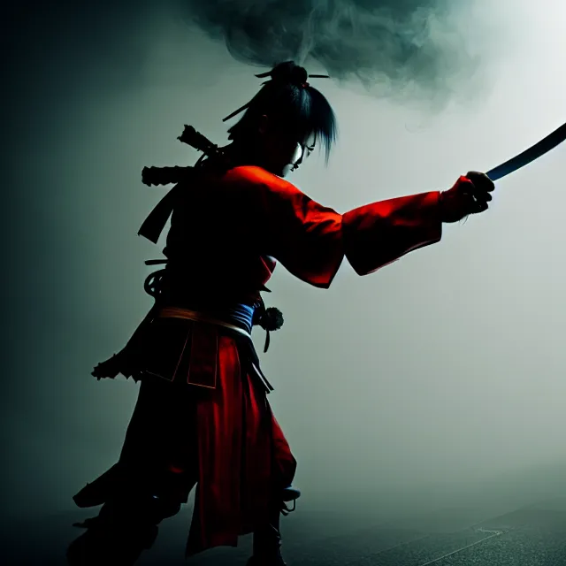 Prompt: cyber samurai fire dance slashing sword atomic, detailed bushido form smoke, fighting stance dark energy, shibuya prefecture, cinematic lighting, fog mist smoke, photorealistic, night photography by tomino - sama