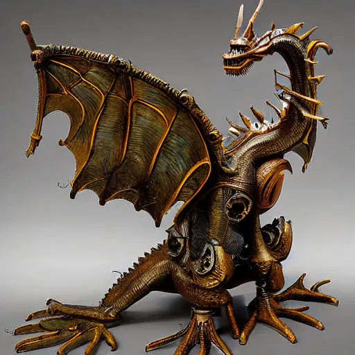 Image similar to a sculpture of a steampunk dragon, photograph