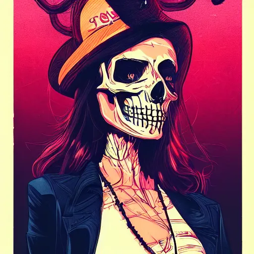 Image similar to a colorfully detailed comic noir style illustration of a beautiful woman wearing a skeleton suit in a post-apocalyptic desert by queens of the stone age and sachin teng, dark vibes, street art, cinematic, high contrast, depth of field