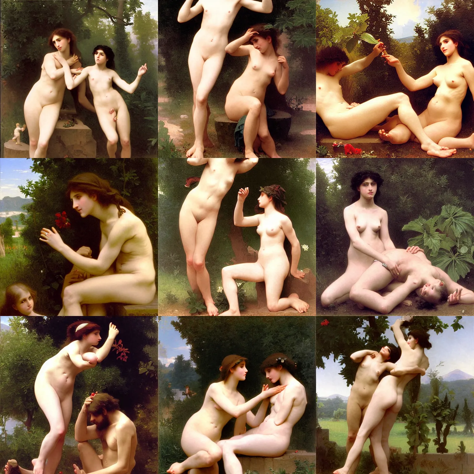 Prompt: painting in the style of william adolphe bouguereau of Eve and Keith Richards in the garden of Eden