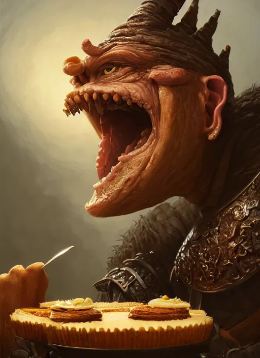 Image similar to highly detailed closeup portrait of a medieval goblin eating cakes, stephen bliss, unreal engine, greg rutkowski, ilya kuvshinov, ross draws, hyung tae and frank frazetta, tom bagshaw, tom whalen, nicoletta ceccoli, mark ryden, earl norem, global illumination, god rays, detailed and intricate environment