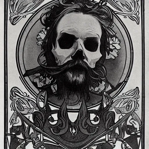 Prompt: bearded skull, illustration, art by alphonse mucha