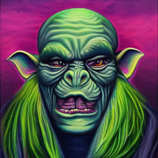 Image similar to a painting of a goblin orc in the style of alex grey, portrait, foggy, hazy, dull colors, detailed,