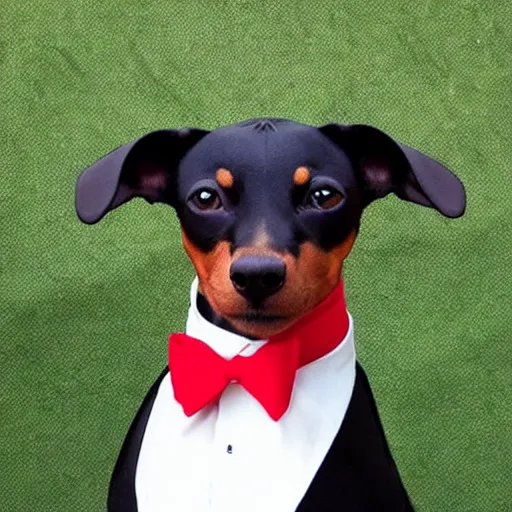 Image similar to pinscher wearing a black tuxedo and a red tie