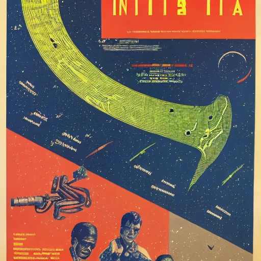 Image similar to full page scan of an intergalactic star map, 1970 movie poster, communist cuban propaganda