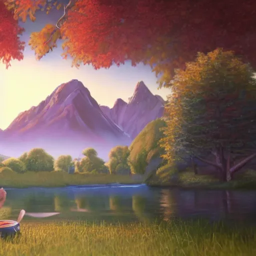 Image similar to a closeup photorealistic photograph of bob ross working on a canvas painting of mickey mouse. film still. brightly lit scene. mountains and trees. this 4 k hd image is trending on artstation, featured on behance, well - rendered, extra crisp, features intricate detail, epic composition and the style of unreal engine.