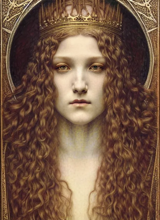 Image similar to detailed realistic beautiful young medieval queen face portrait by jean delville, gustave dore and marco mazzoni, art nouveau, symbolist, visionary, gothic, pre - raphaelite. horizontal symmetry