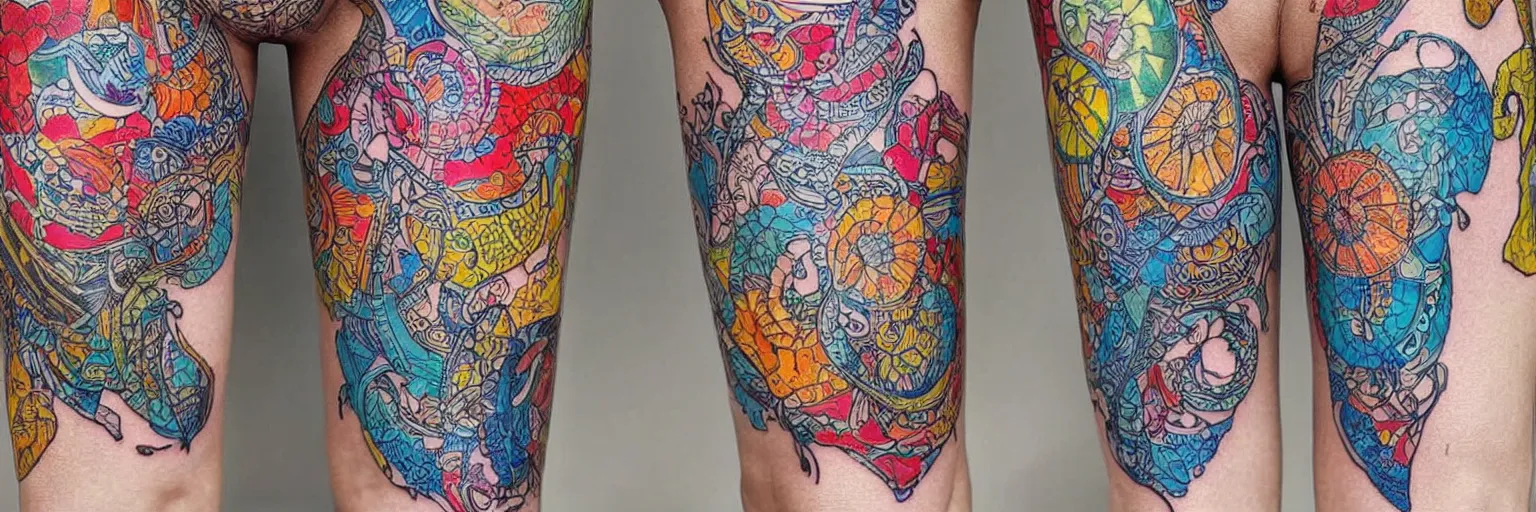 Image similar to intricate colorful tattoos design pattern for legs, by yakuzas, art on a canvas