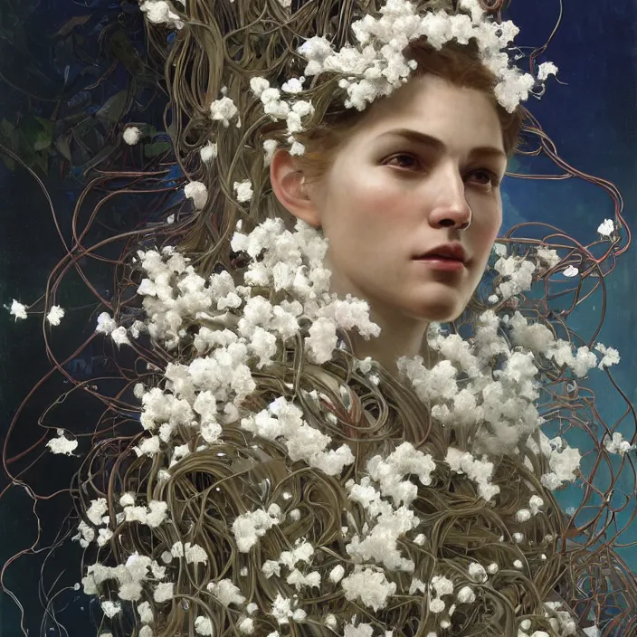 Image similar to hyperrealist portrait of a 2 0 4 4 space sport engineer, it is decorated with long wires and white flowers that fall like vines and wears a huge computer crown. by jeremy mann and alphonse mucha, fantasy art, photo realistic, dynamic lighting, artstation, poster, volumetric lighting, very detailed faces, 8 k, award winning