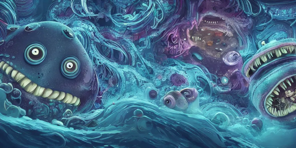 Image similar to of an intricate deep sea with strange cute friendly happy creatures with huge eyes, mouth, long tongue, round teeth and goofy face, appearing from the background, in the style of gehry and gaudi, macro lens, shallow depth of field, ultra detailed, digital painting, trending artstation, concept art, illustration, cinematic lighting, photorealism, epic, octane render