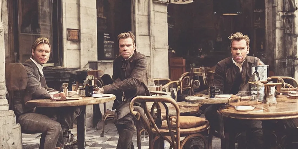 Image similar to ewan mcgregor is sitting at table in a cafe at paris in early 2 0 th century. next to him is a brown cat licking milk from little saucer, atmospheric feeling, warm colours, brown colours, yellow colours, epic scene, cinematic, very detailed