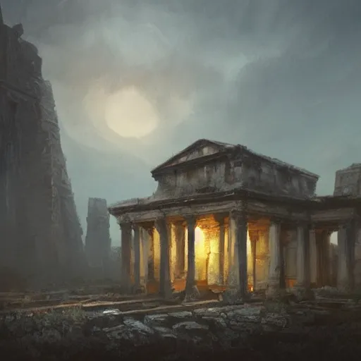 Prompt: old ancient building, landscape, dramatic lighting by greg rutkowski, digital painting, - n 4