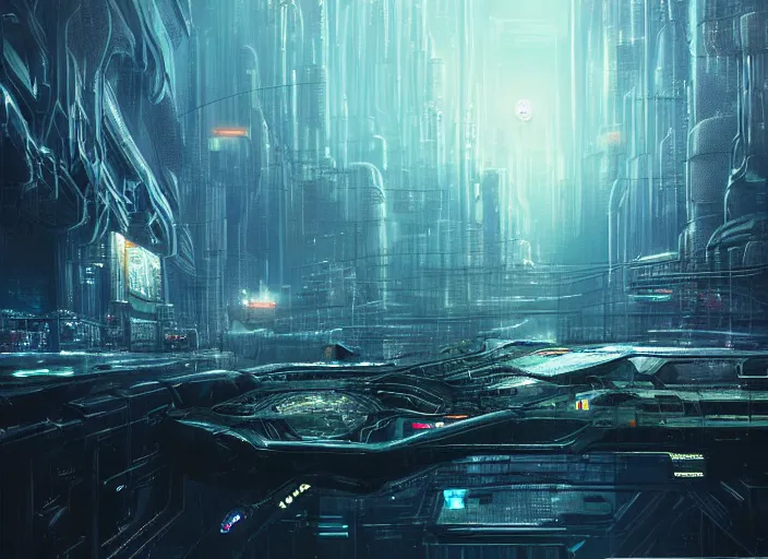 Prompt: cult of technology, exterior, cyberpunk, shinning lighting, side view, scifi, machines, ocean animals, artificial intelligence!!, ultra realistic, highly detailed, brain in a vat!!, futuristic landscape, citadel, industrial, city, atmosphere, highlighted, cinematic, art by jan urschel and neil blevins, pointy