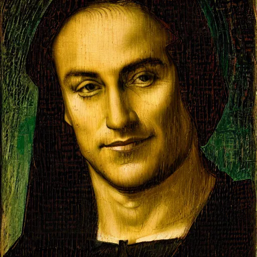 Prompt: portrait of Benjamin Netanyahu in black garbs by Leonardo de Vinci, scenic background, black brown green color palette