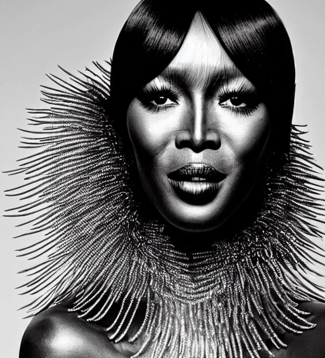 Image similar to photography face profil portrait of naomi campbell, natural pose, natural lighing, rim lighting, no flash, wearing a ornate transparent and metallic costume with feathers and cloth convolutions by iris van herpen, highly detailed, smooth, sharp foccus, kin grain detail, high detail, photography by by paolo roversi, creativity in fashion design