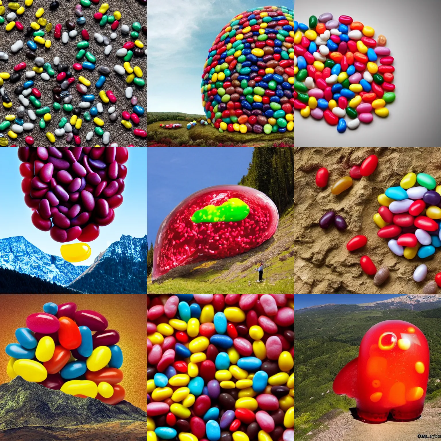 Prompt: a massive jelly bean, the size of a mountain being attacked by a horde of mountain climbers