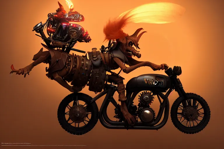 Image similar to a goblin riding a steampunk motorcycle, volumetric light, epic lighting, hyperdetailed, artstation, cgsociety, 8k